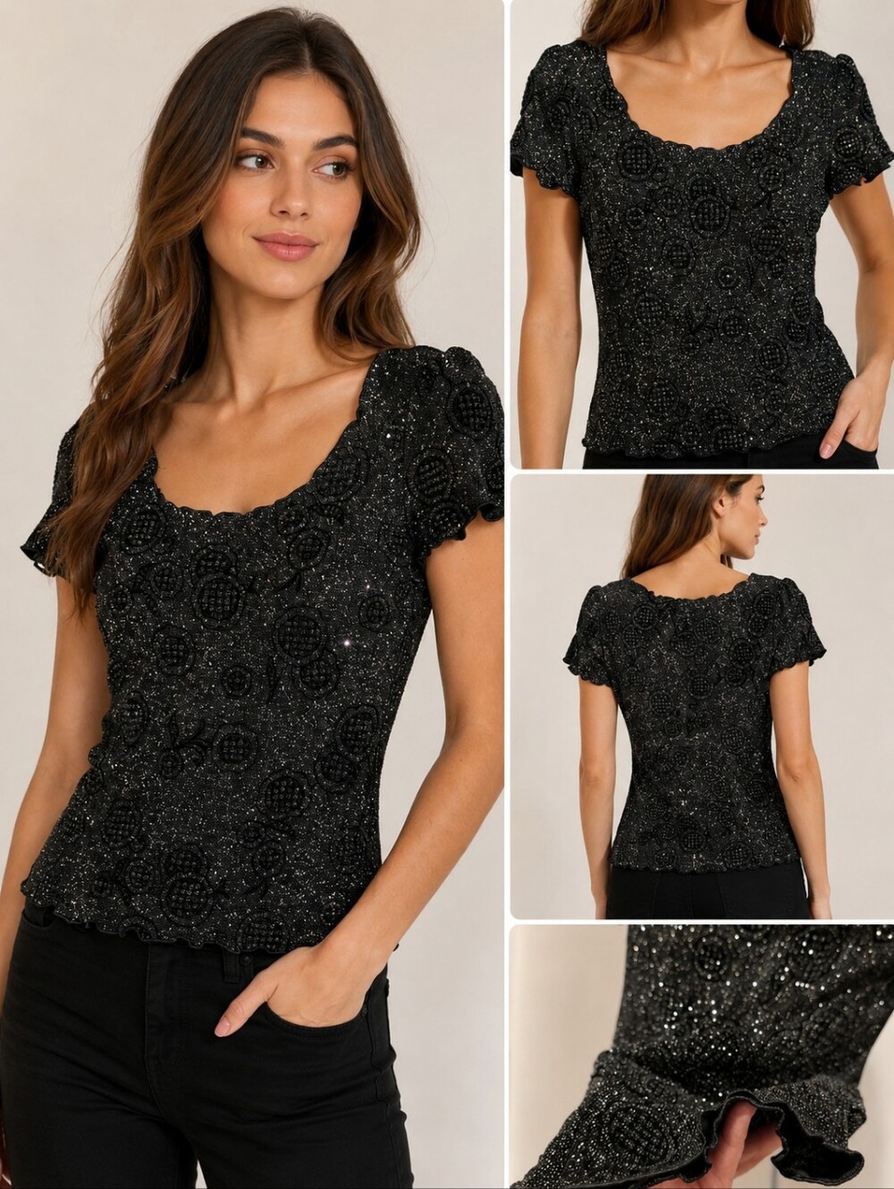 Armani Collezioni Black Beaded Sparkle Floral Short Sleeve Top Italy Size 6